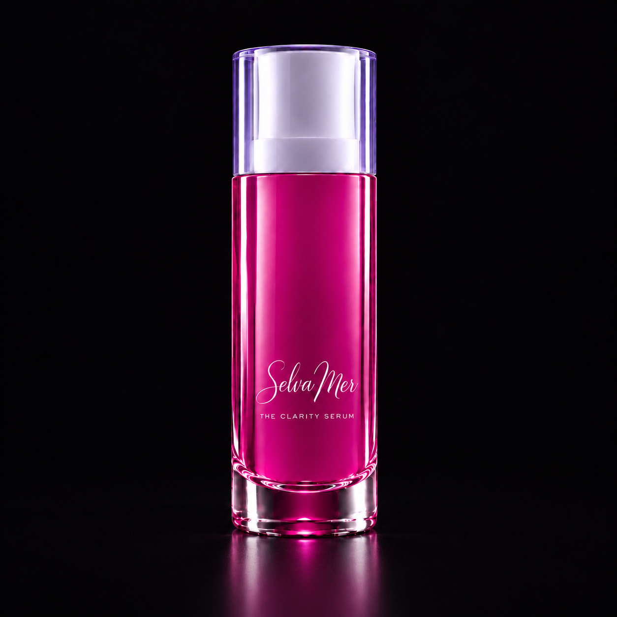 The Clarity Serum: a cool-magenta bottle with the SelvaMer wordmark and a translucent optical cap