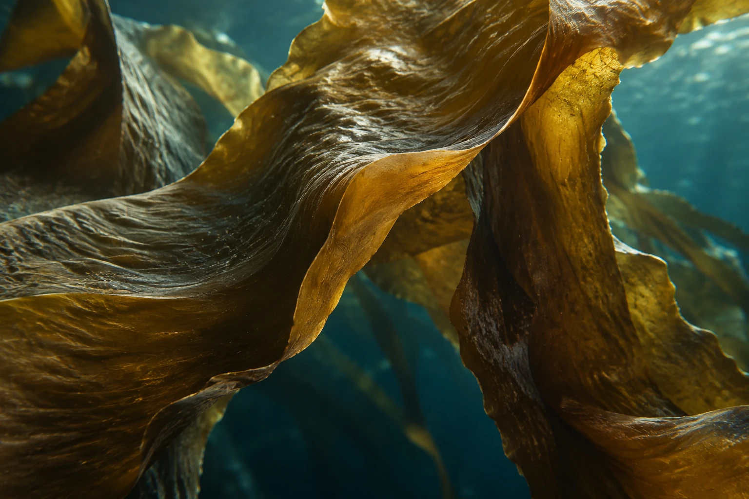 Editorial study of sculptural brown marine algae in deep blue-green water