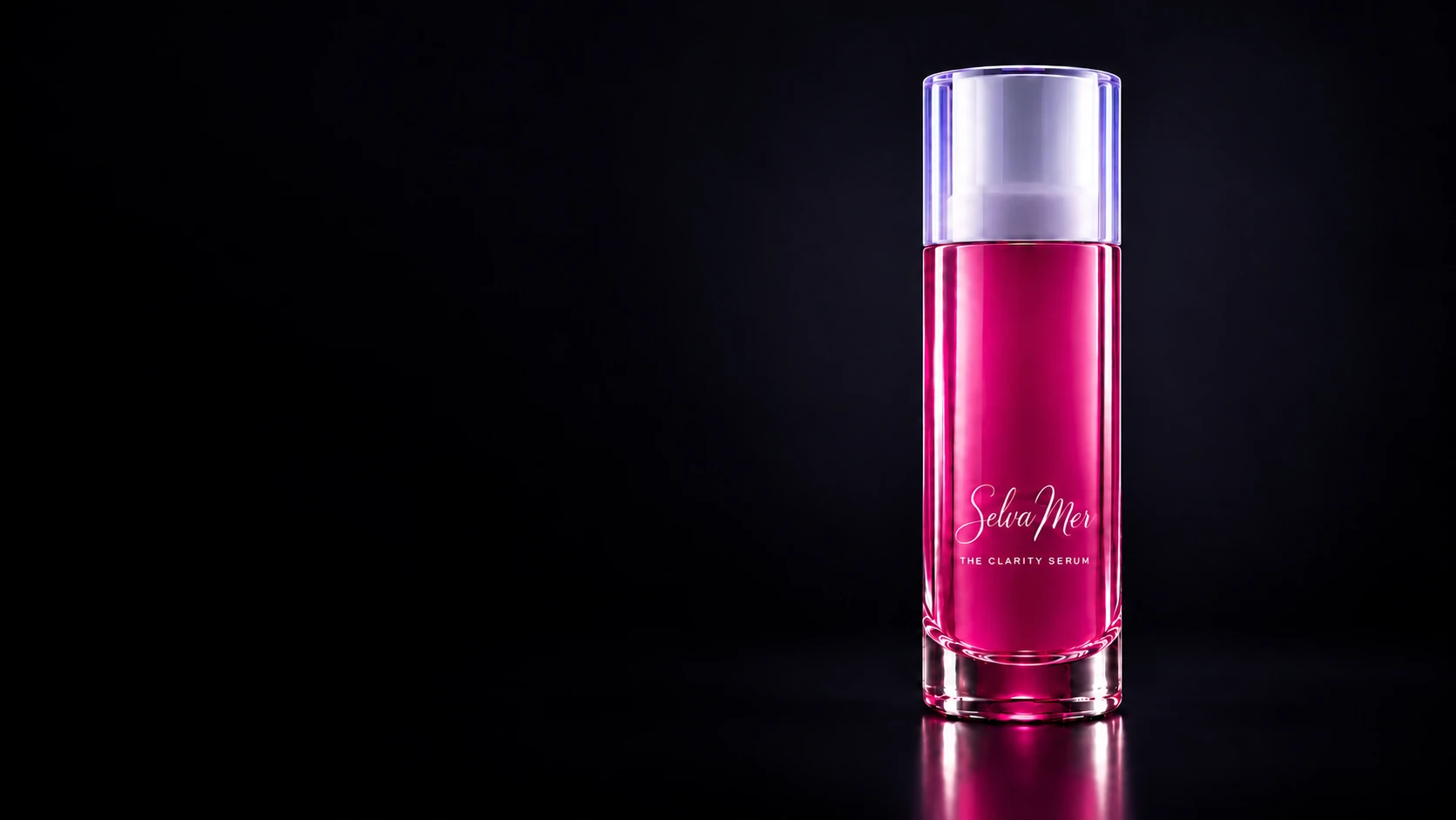 The Clarity Serum: cool magenta bottle with a luminous lilac cap, against ink black
