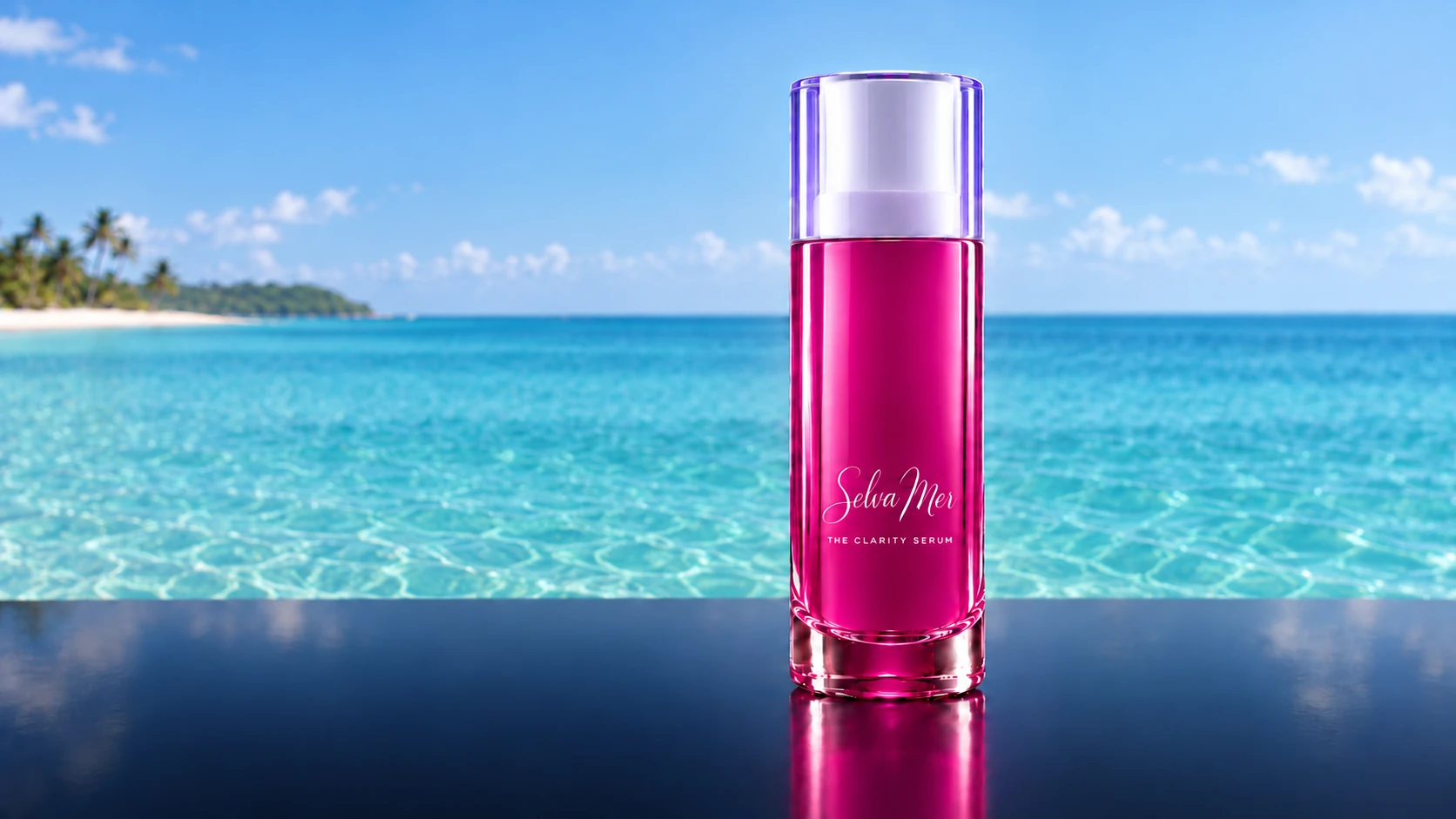 SelvaMer bottle beside turquoise water on a dark reflective surface