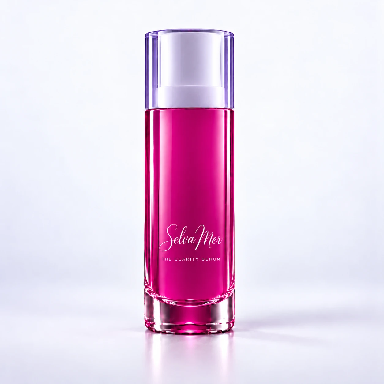 The Clarity Serum, full cool-magenta bottle with smooth optical-lilac cap on frost